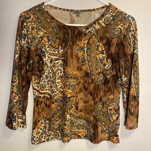 Vintage Y2K Brown Paisley Rose Pattern Top Size S Stretchy 3/4 Sleeves